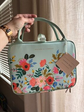 Rifle Paper Co. x Corkcicle Mint Floral Lunch Bag with Multicolor Blooms NWT
